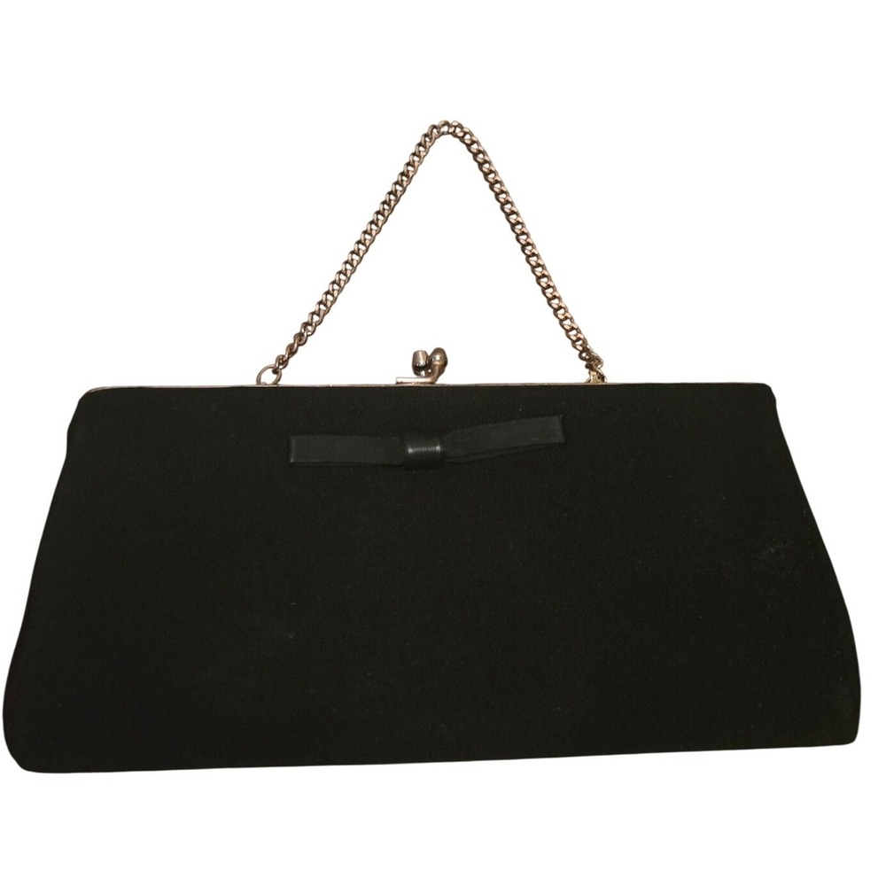 Vintage 50s 60s Black Satin Evening Clutch Gold Frame Chain Strap Handbag purse